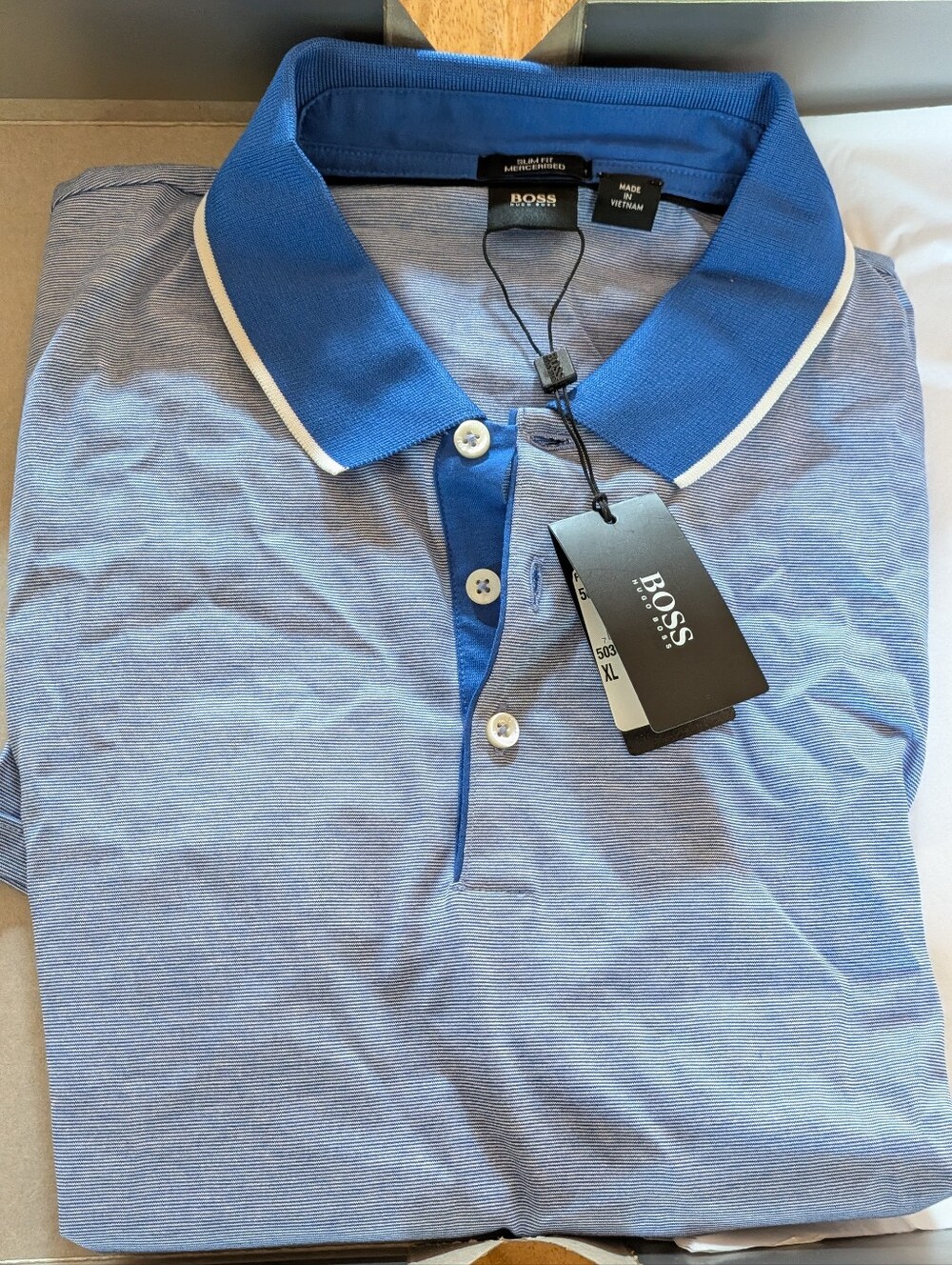 BOSS Blue Pique Polo with Contrast Collar and White Trim, XL Slim Fit, New